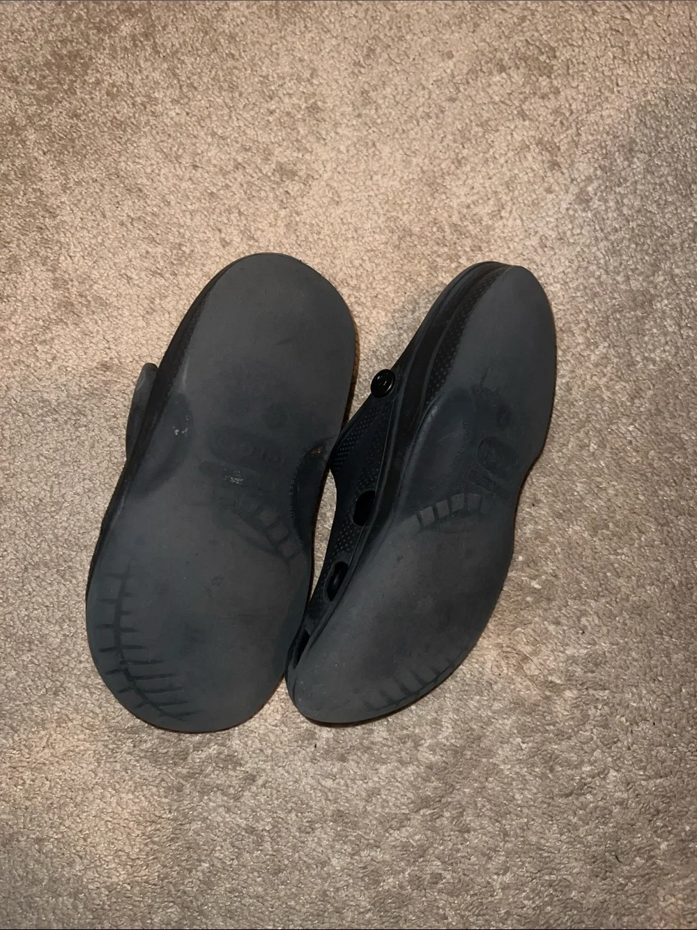 CROCS & Jordan’s both sz7  Black Clogs with Blue and Pink Stitch Charms